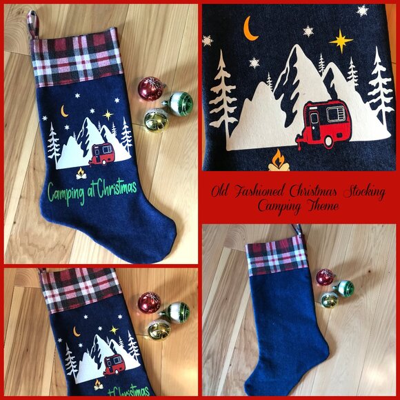 Handmade Denim Christmas Stocking: Mountains Cabin Decor, Camping Fishing, M-L - Picture 10 of 10